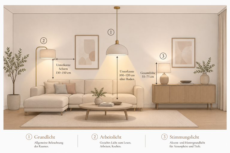 Infografik: Die 3 Lichtlagen im Wohnzimmer mit Richthöhen – Pendelleuchte 100–120 cm, Stehleuchte 130–150 cm Unterkante Schirm, Tischleuchte 55–75 cm Gesamthöhe