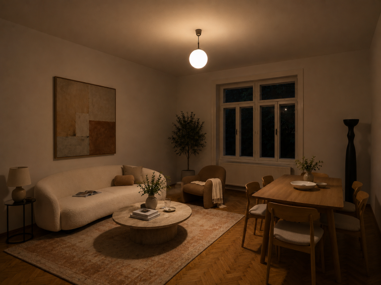 Eingerichtetes Wohnzimmer mit Boucle-Sofa und Esstisch, beleuchtet nur durch eine Pendelleuchte – Beispiel für fehlendes Lichtkonzept